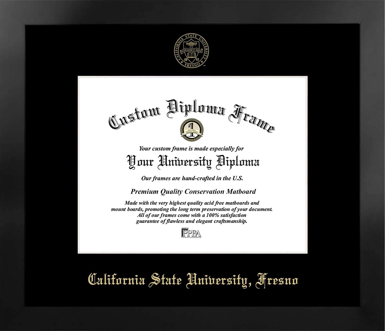 Cal State Fresno 11w x 8.5h Manhattan Black Single Mat Gold Embossed Diploma Frame with Bonus Campus Images Lithograph (value savings at $59)